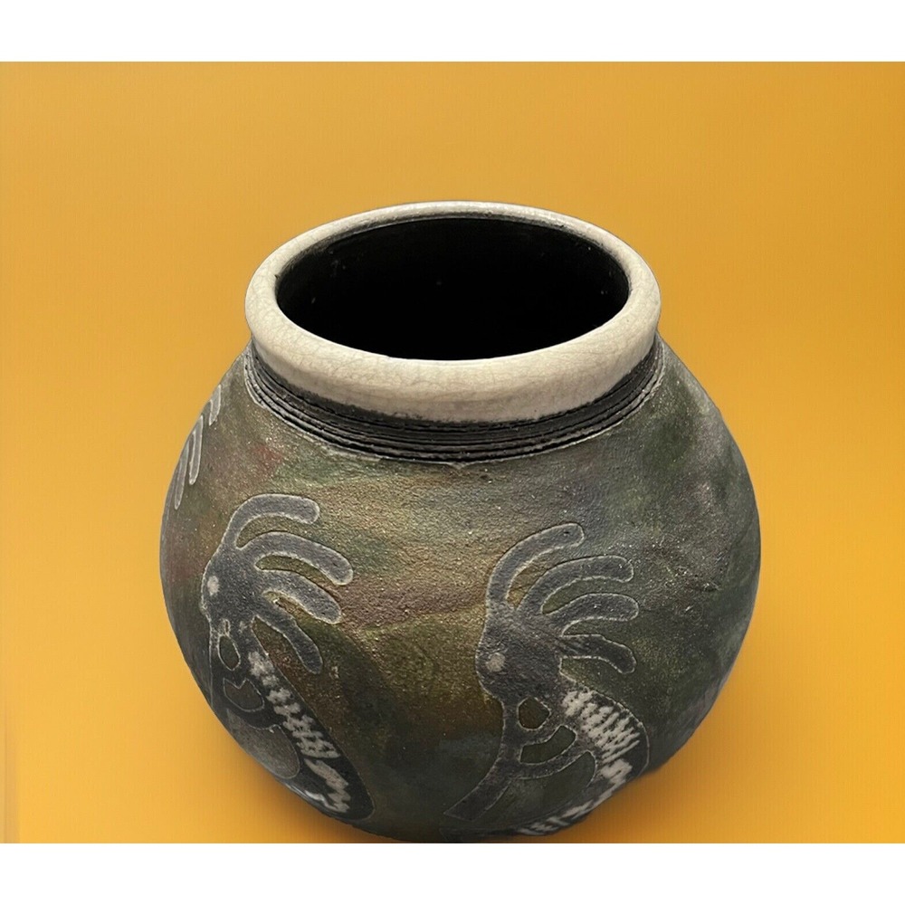 Raku Ben Diller Pottery Kokopelli Trio Southwest Signed Vase Iridescent‎ Vintage